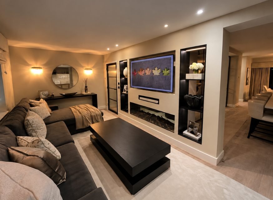 Living room after decorating, with lighting and finishing complete