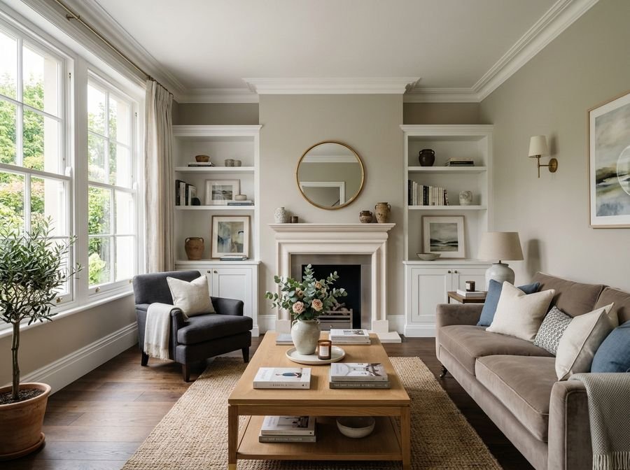 Freshly decorated living room with painted walls, cornicing and built-in shelving